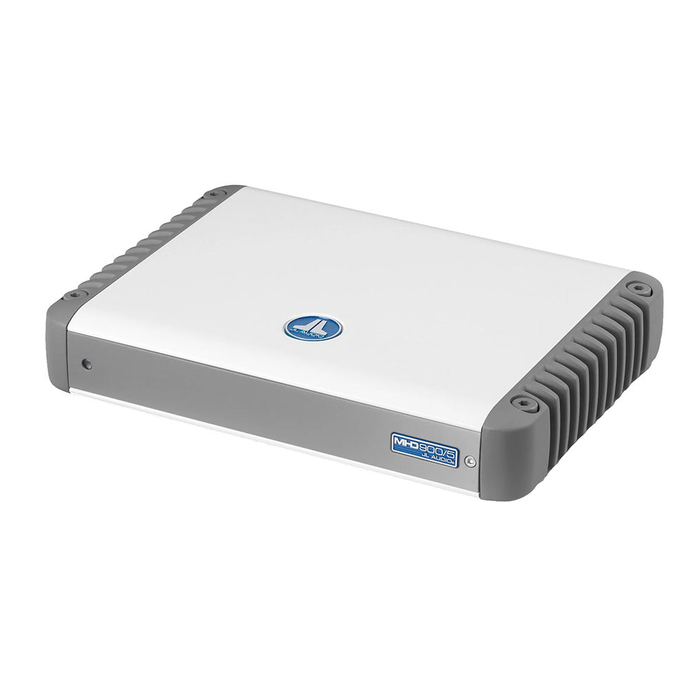 JL Audio MHD900/5 marine amplifier with sleek white and gray design, ideal for high-quality car audio systems.