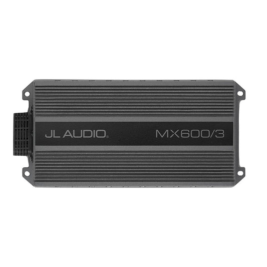 JL Audio MX600/3 car amplifier with sleek black design and heat-dissipating ridges for high-performance audio systems