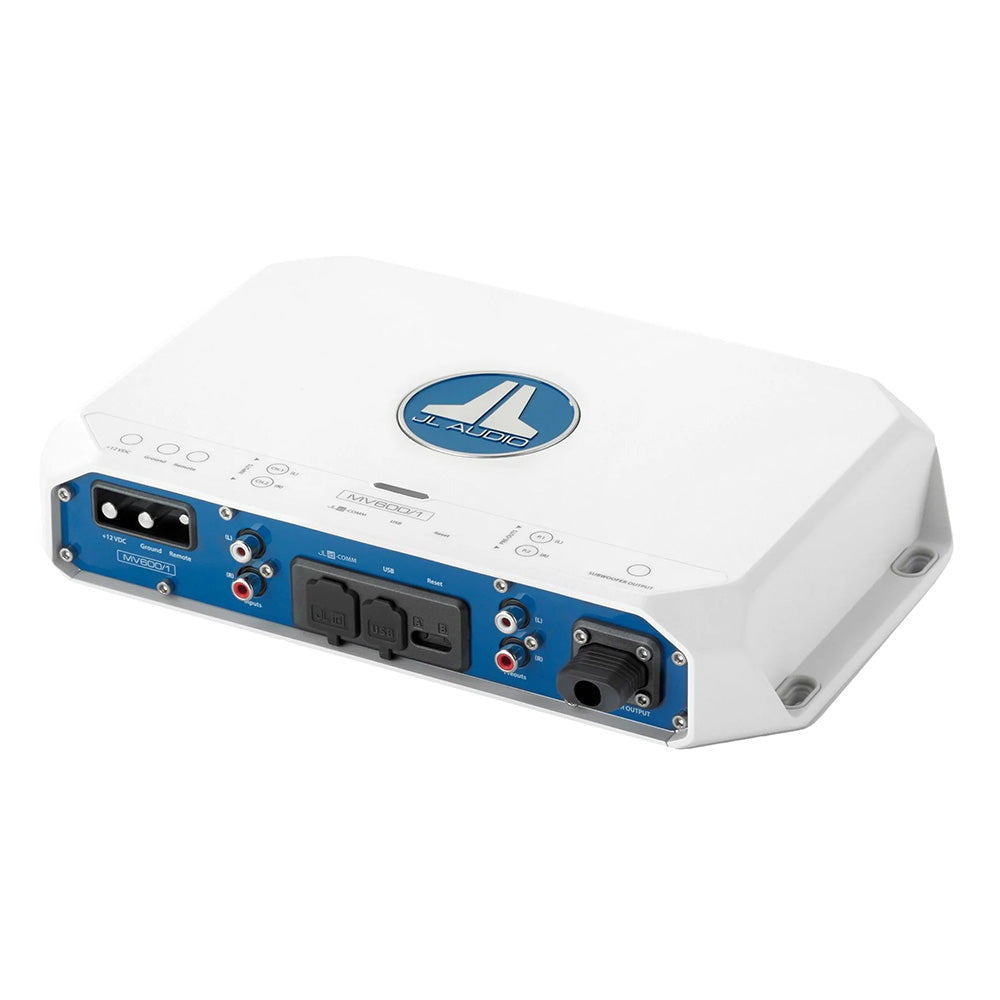 JL Audio MV600/1 marine amplifier with blue panel and multiple input/output ports