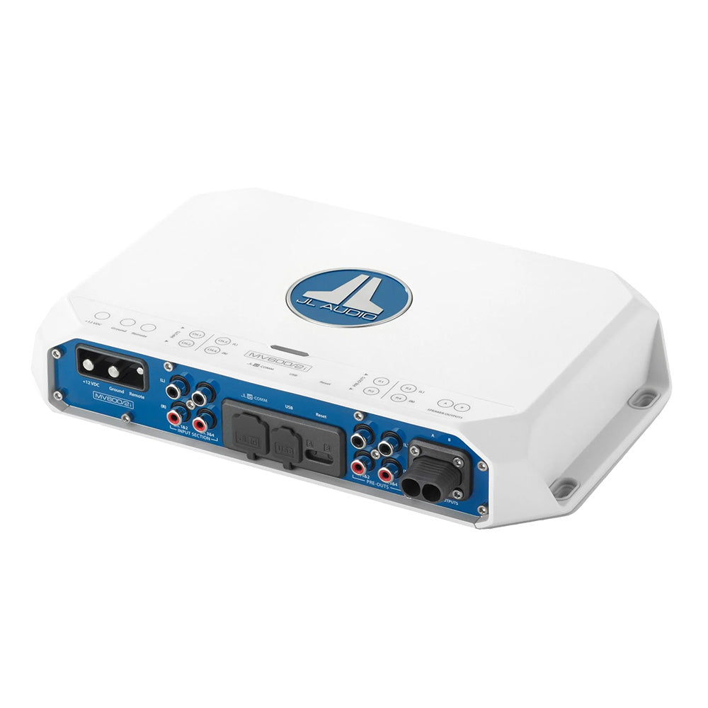 JL Audio MV800/2 marine amplifier with blue panel, USB, and RCA inputs for boat audio systems