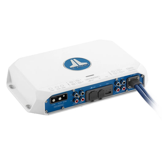 JL Audio MV400/4i marine amplifier with blue wiring, 4-channel audio output for car or boat audio systems