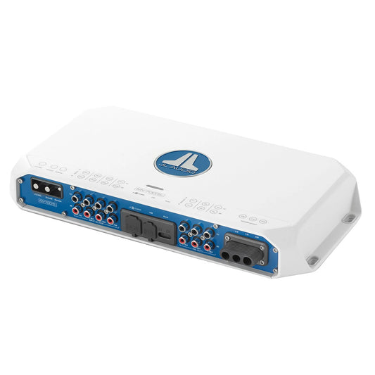 JL Audio MV700/5 marine amplifier with blue panel, RCA inputs, and power terminals for car audio systems