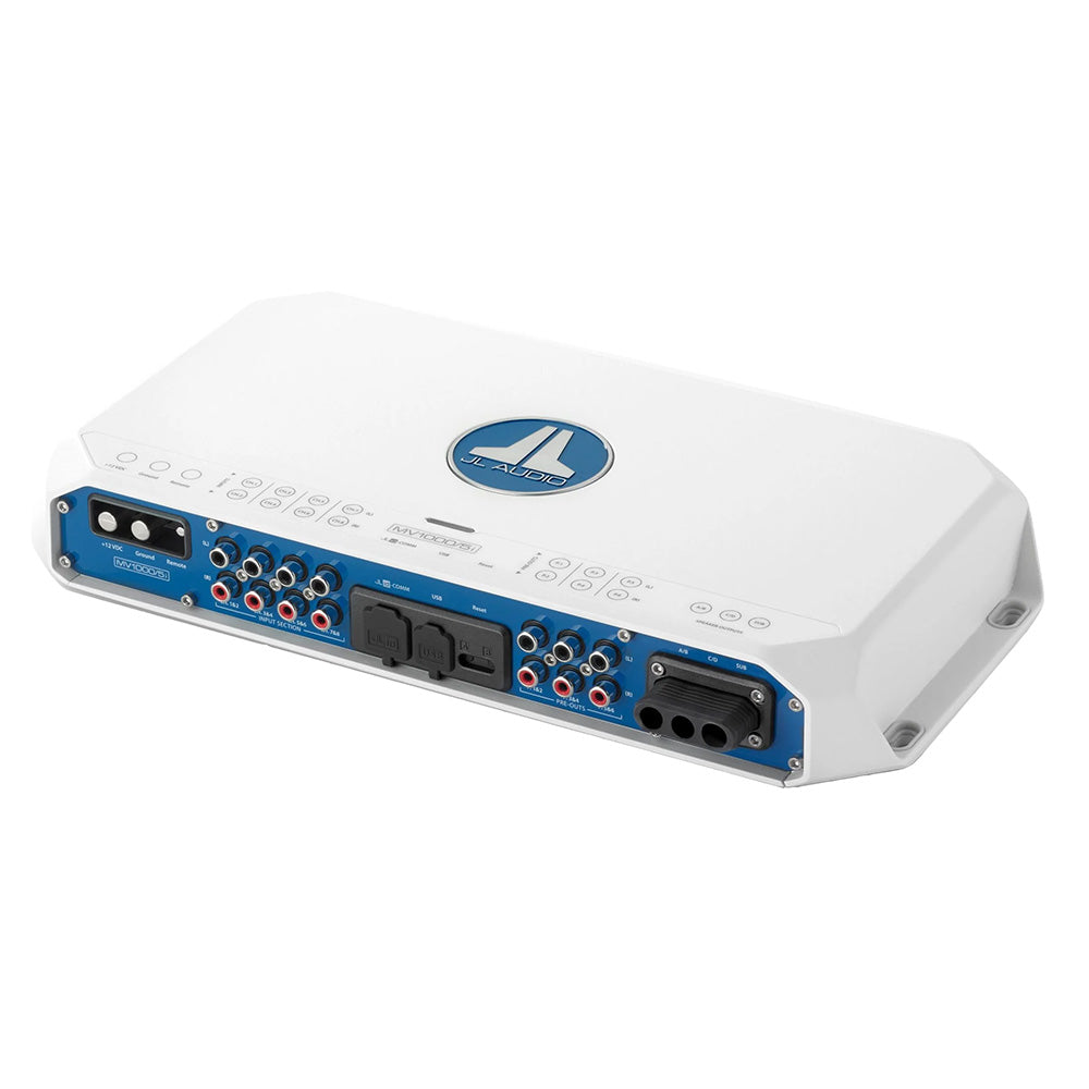 JL Audio MV1000/5i marine amplifier with blue terminal panel and multiple input/output ports
