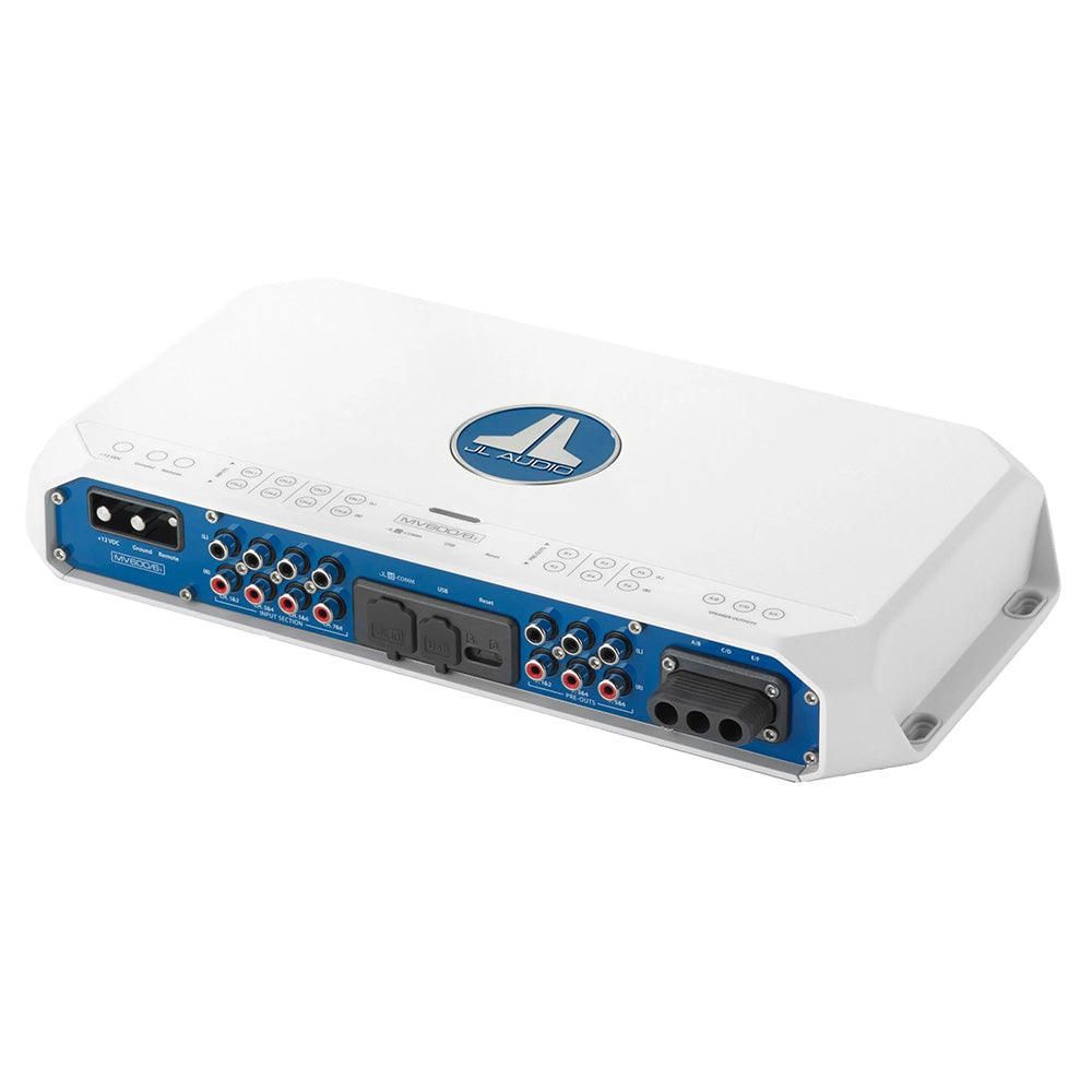JL Audio MV600/6 marine amplifier with blue panel, RCA inputs, and USB port for car audio systems