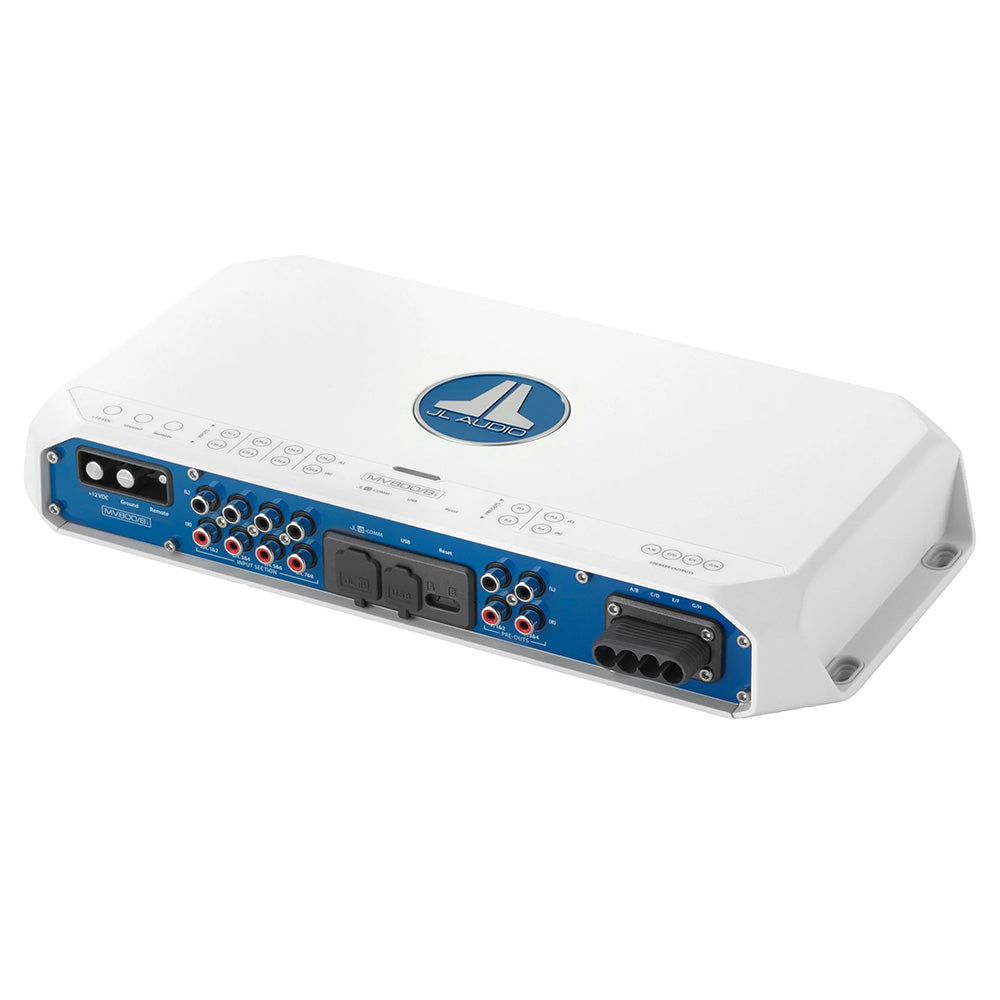 JL Audio MV8008i marine amplifier with blue panel, RCA inputs, and power connections for high-quality audio installation