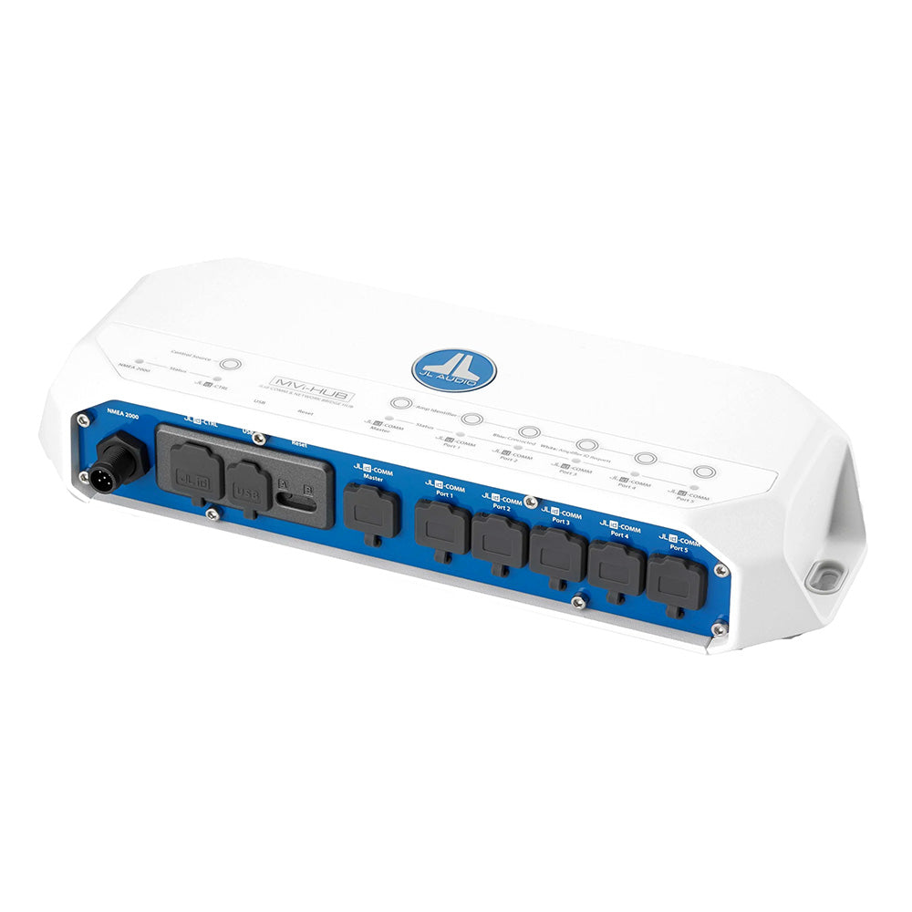JL Audio MV-HUB marine audio control hub with NMEA 2000, USB, and multiple COMM ports for boat systems