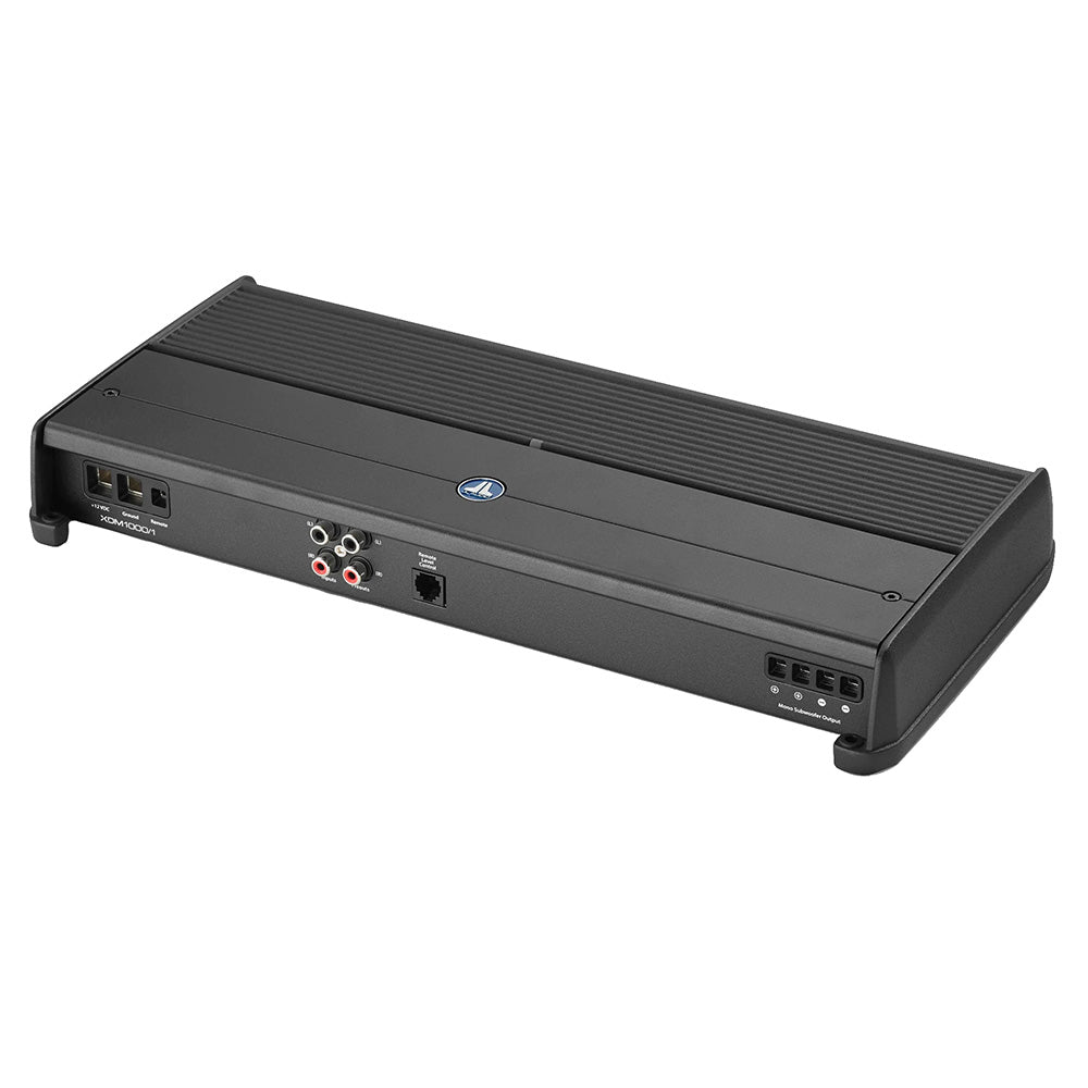 Black car audio amplifier with RCA inputs and subwoofer outputs, ideal for high-quality audio installation