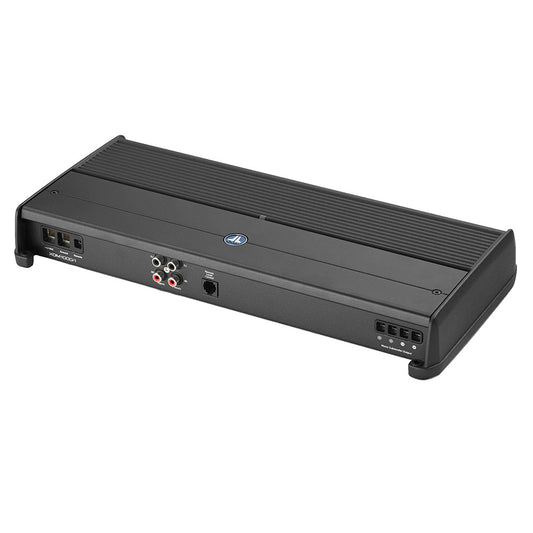 Black car audio amplifier with RCA inputs and subwoofer outputs, ideal for high-quality audio installation