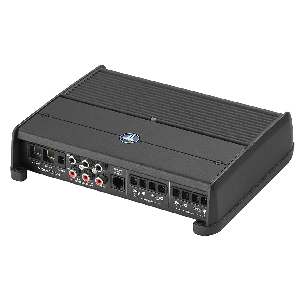JL Audio XDM400/4 4-channel car amplifier with RCA inputs and speaker terminals for high-quality audio installation