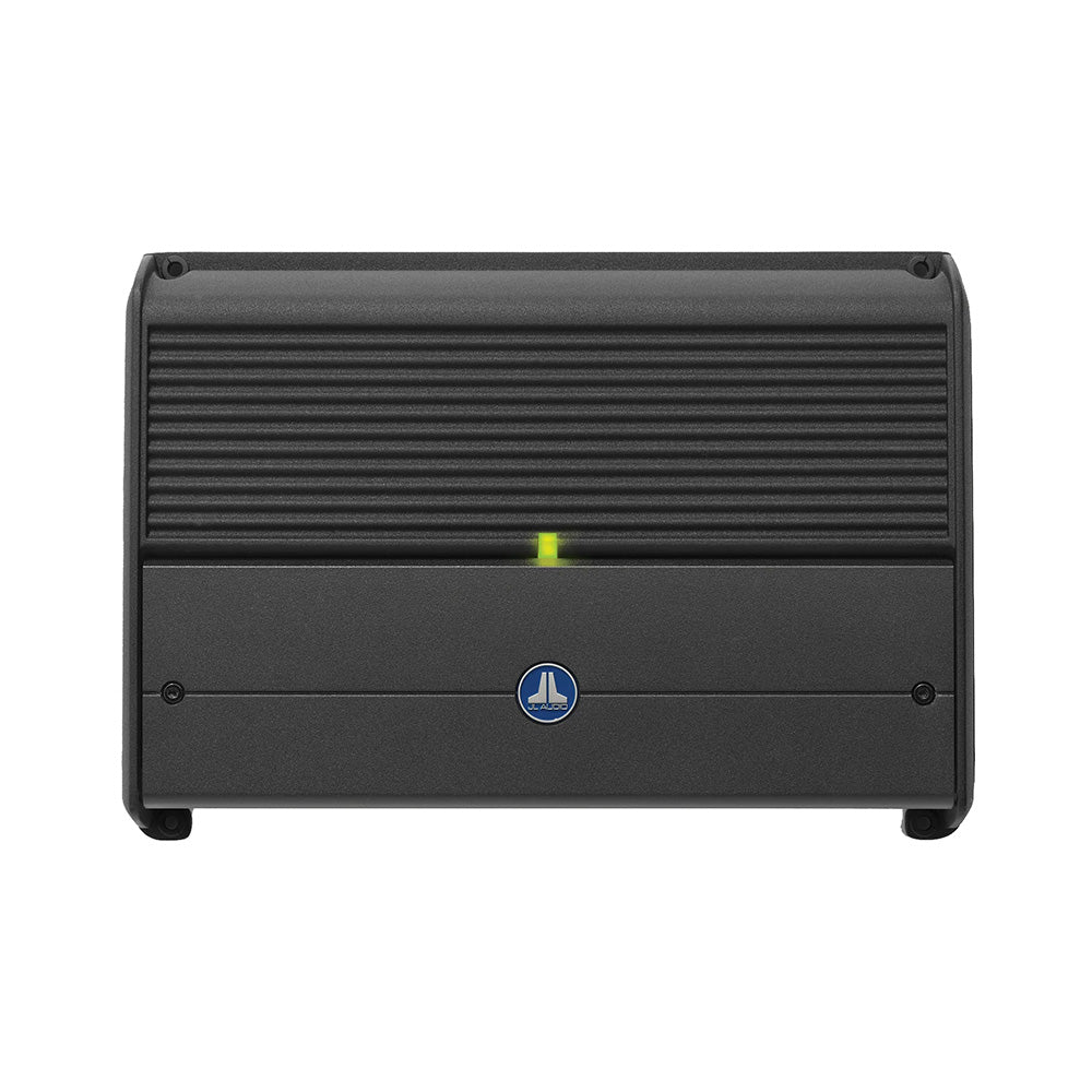 JL Audio car amplifier with green power light, sleek black design for high-quality audio installation