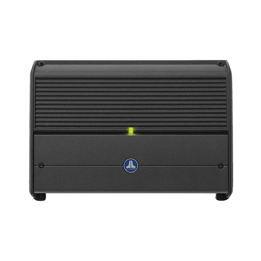 JL Audio car amplifier with green power light, sleek black design for high-quality audio installation