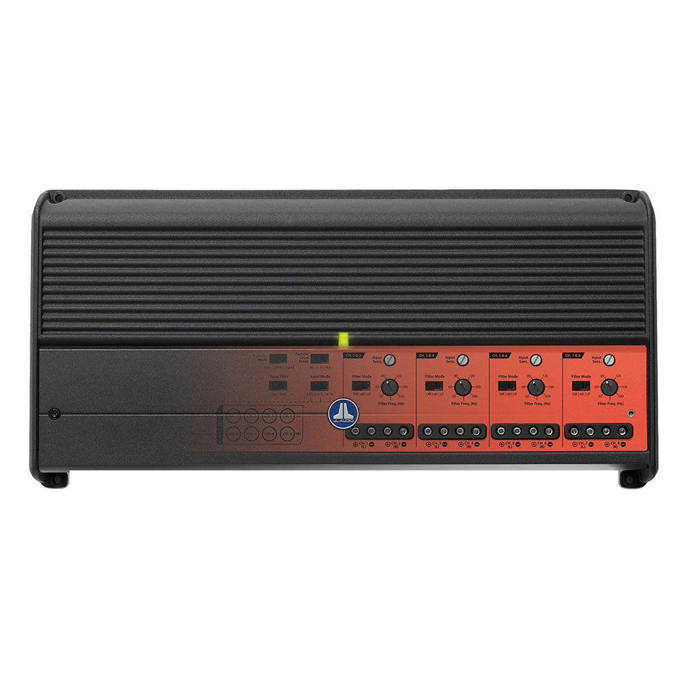 JL Audio multi-channel car amplifier with red control panel and adjustable filters for custom audio installation