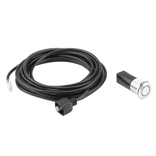 Black Ethernet cable with RJ45 connectors and a chrome push-button switch for audio or vehicle systems