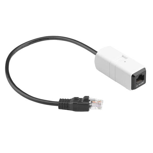 JL Audio Ethernet cable adapter for car audio systems, featuring RJ45 connectors and compact white housing.