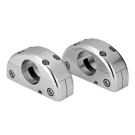 Silver aluminum mounting clamps for audio or vehicle accessories, precision-machined with hex screws