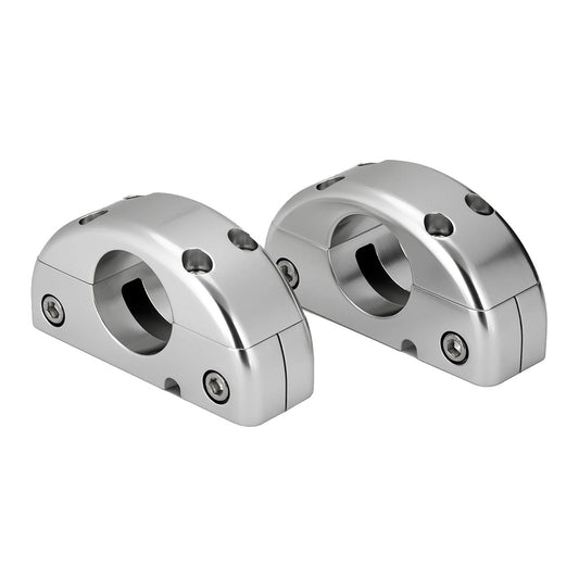 Shiny aluminum audio component mounts with hex screws for secure car audio installation