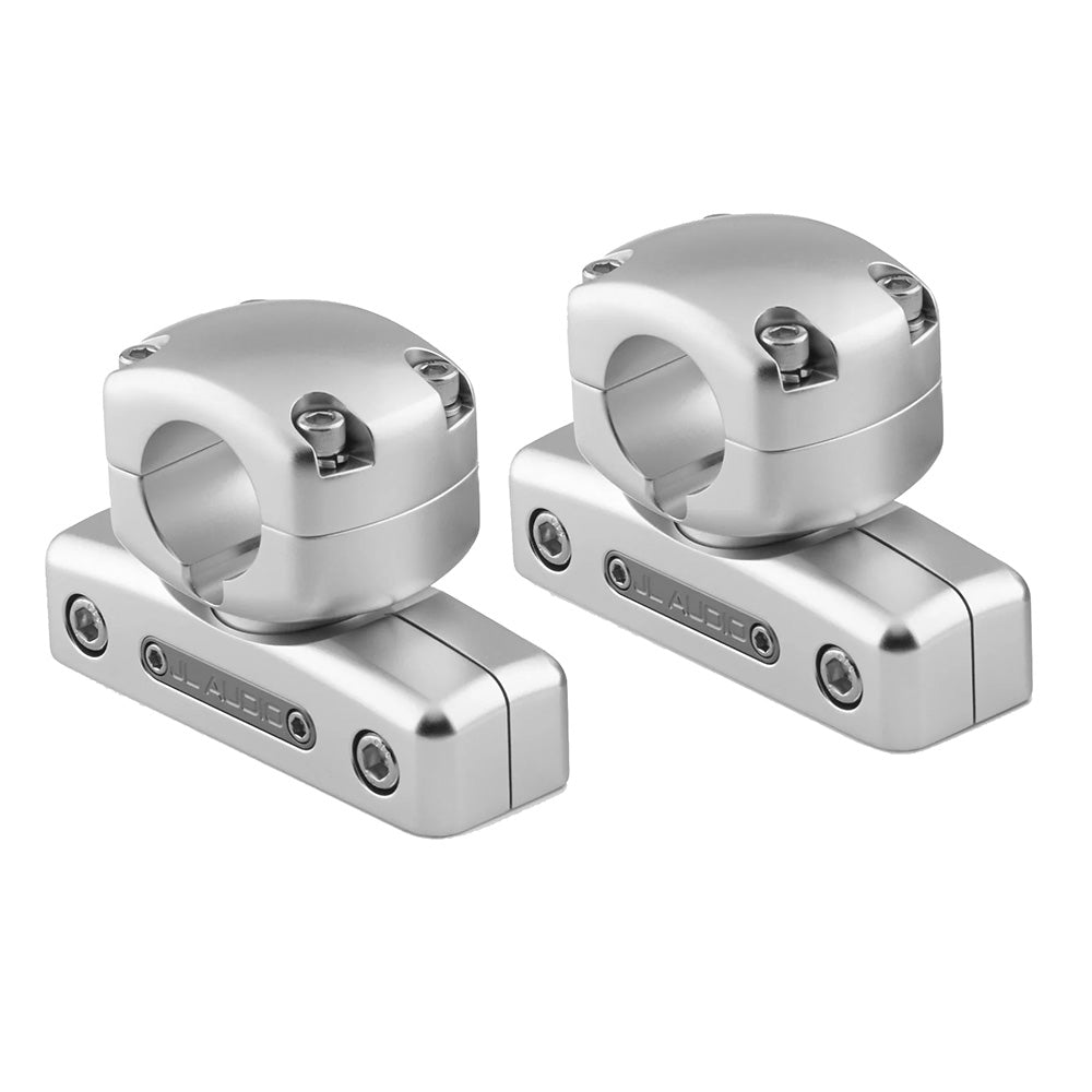 JL Audio marine speaker mounts for boat audio systems, silver aluminum design with secure clamping