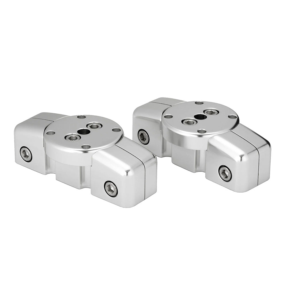 Shiny chrome automotive mounting brackets with hex screws for secure audio or accessory installation