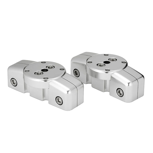 Shiny chrome automotive mounting brackets with hex screws for secure audio or accessory installation