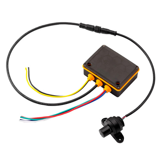 Black waterproof sensor with orange grommets and multi-colored wiring for auto audio installation