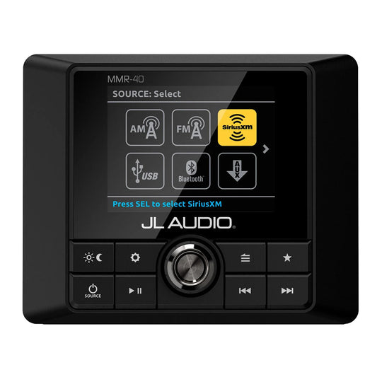JL Audio MMR-40 marine stereo with SiriusXM, Bluetooth, USB, AM/FM sources and control buttons