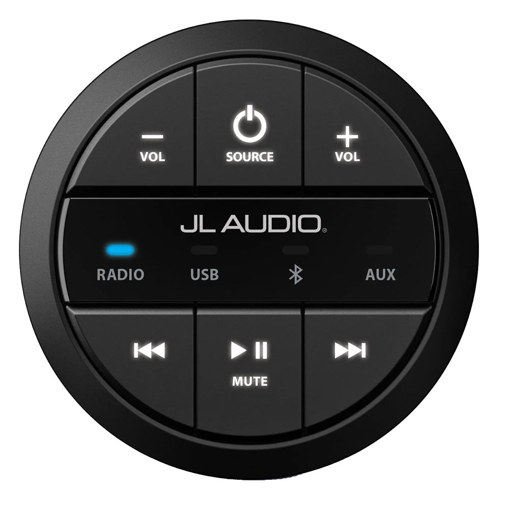 JL Audio marine audio control panel with Bluetooth, USB, AUX, and volume buttons for boat stereo systems