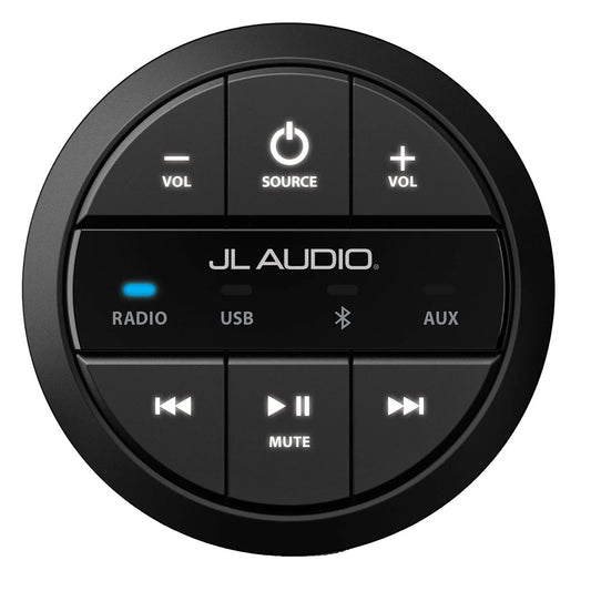 JL Audio marine audio control panel with Bluetooth, USB, AUX, and volume buttons for boat stereo systems