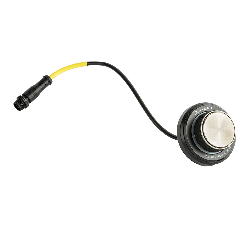 JL Audio marine volume control knob with mute, black and yellow cable for audio system installation