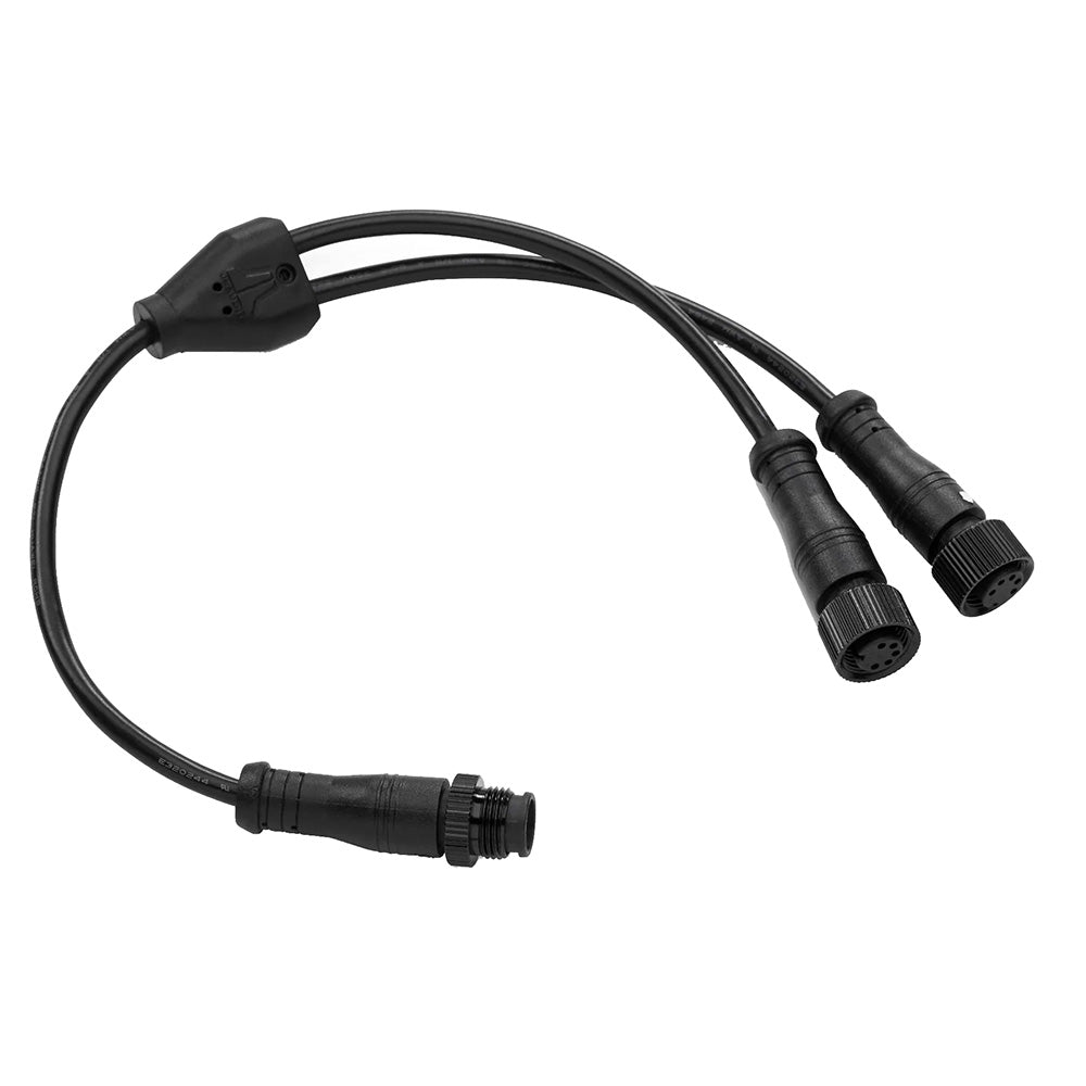 Black waterproof audio cable splitter with 3 connectors for marine or car audio systems