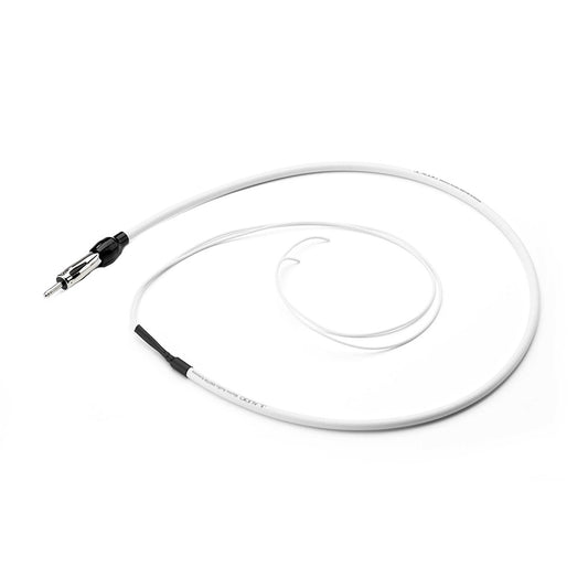 White RCA audio cable with black connector for car stereo or home audio systems