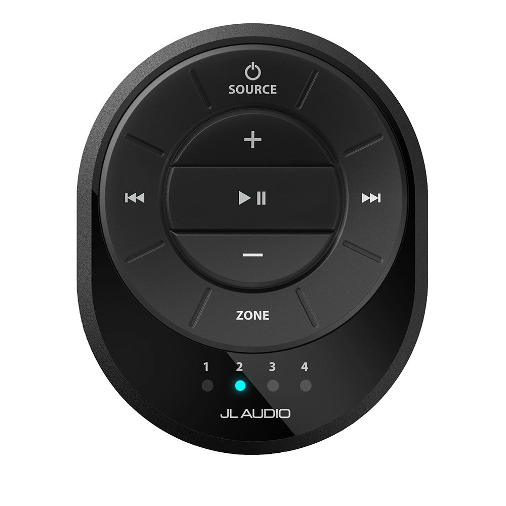 JL Audio marine audio remote control with source, zone, and playback buttons for boat stereo systems