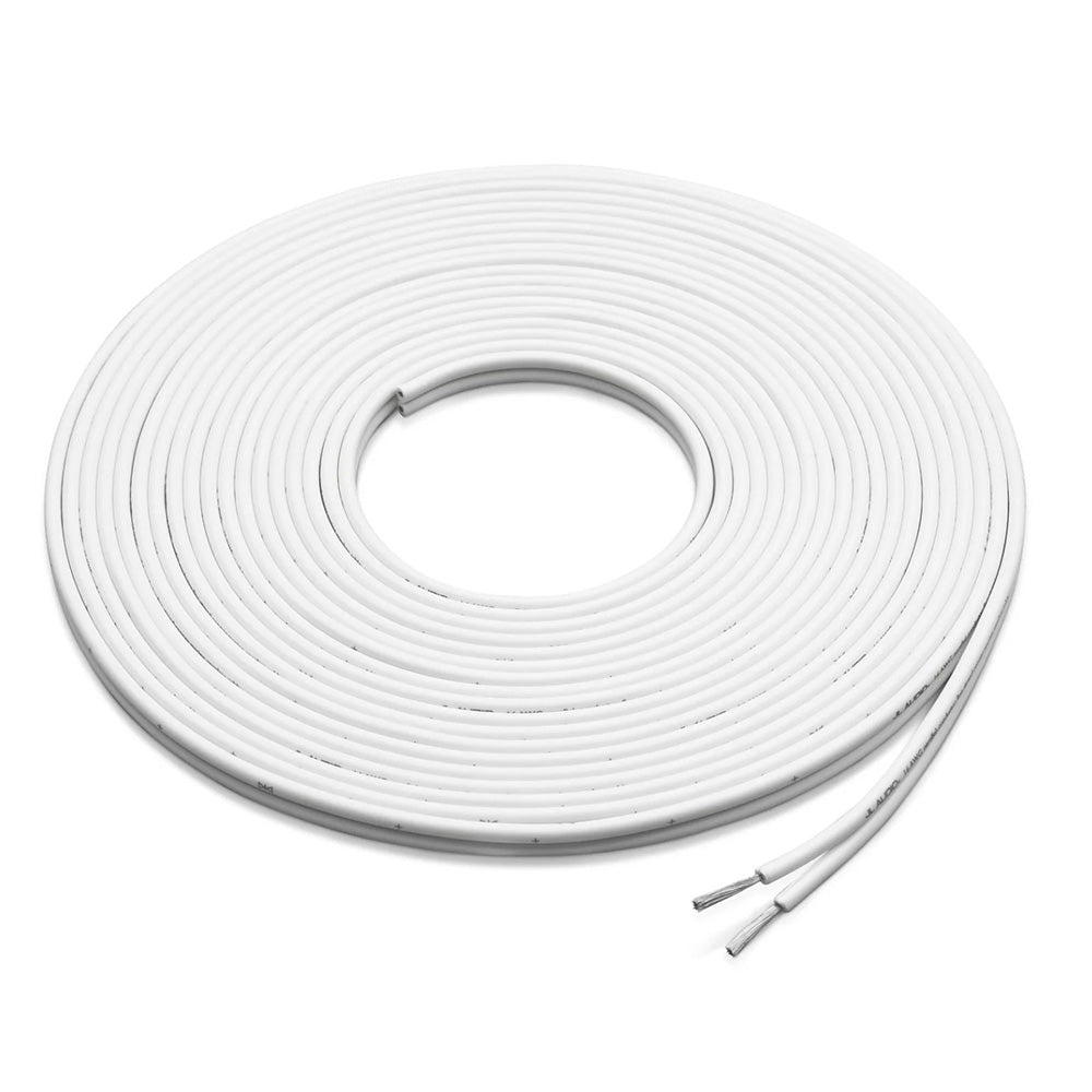 Coiled white speaker wire with exposed copper ends for car audio installation
