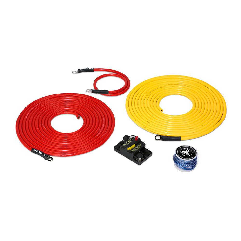 JL Audio amplifier wiring kit with red and yellow power cables, fuse holder, and blue RCA cables for car audio installation