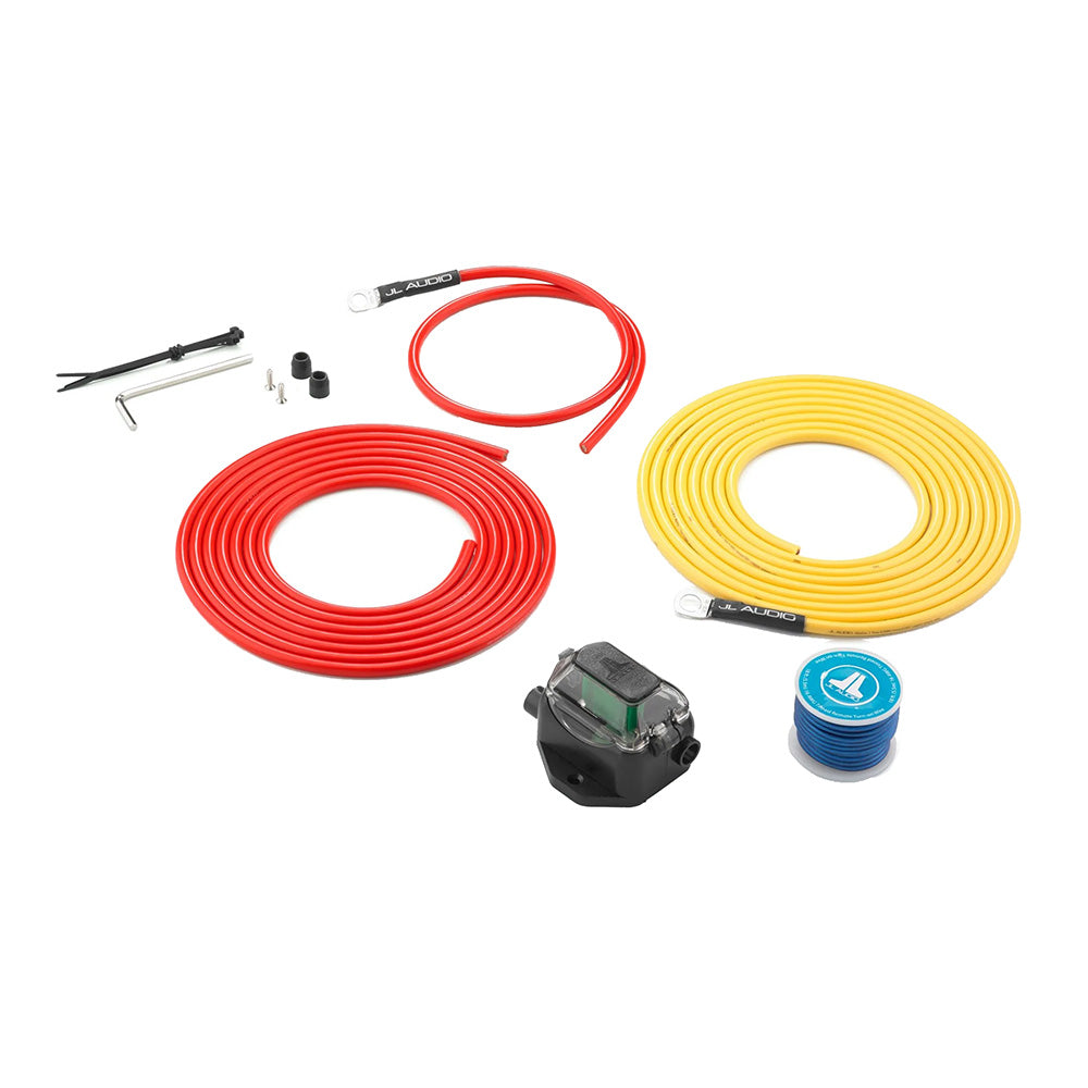 JL Audio car amplifier wiring kit with red and yellow power cables, fuse holder, and installation tools