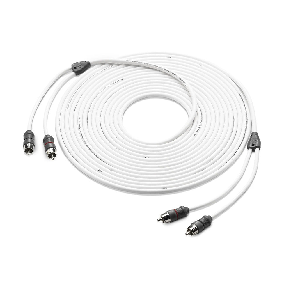 White JL Audio RCA interconnect cable with dual connectors for car audio systems