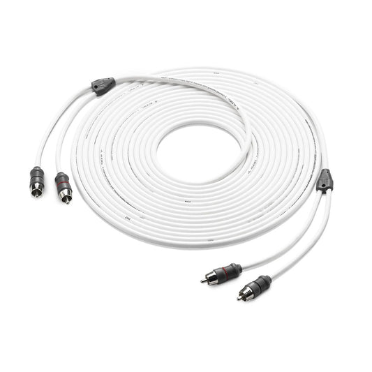 White JL Audio RCA interconnect cable with dual connectors for car audio systems