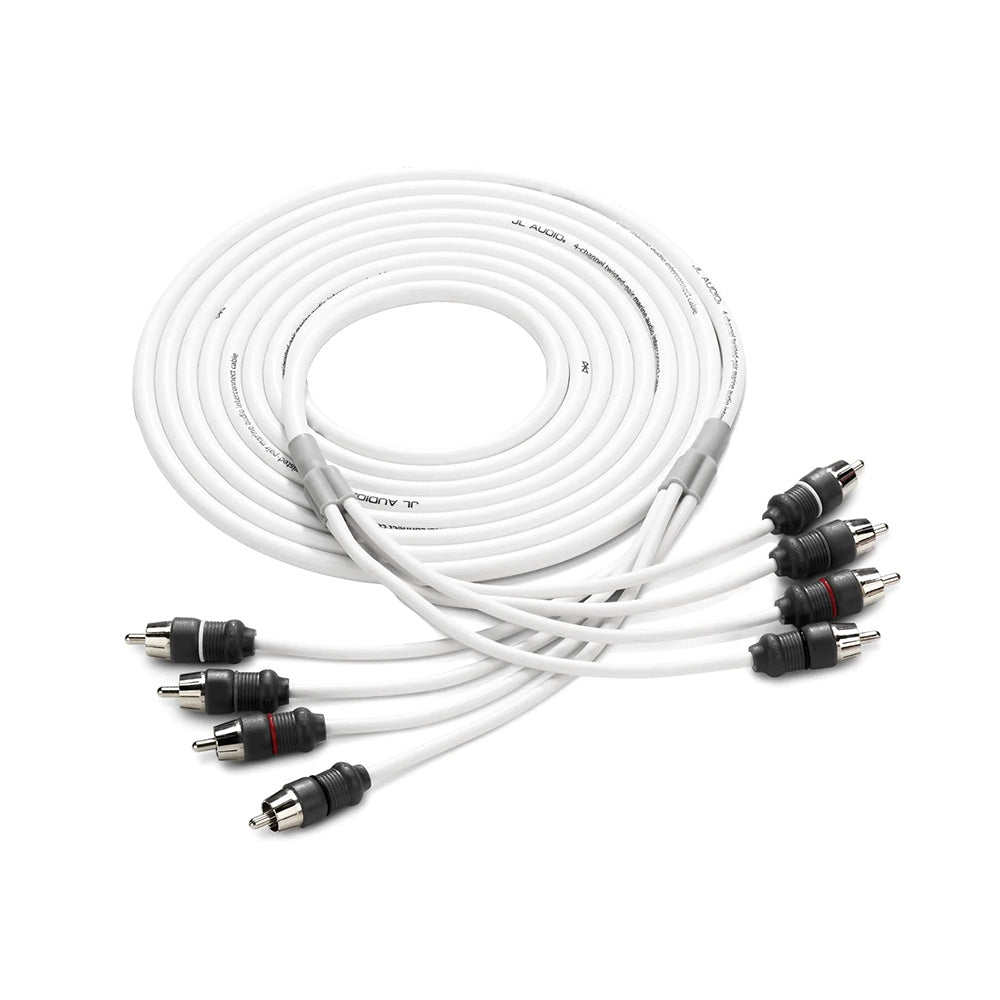 JL Audio 4-channel RCA interconnect cable with white jacket and black connectors for car audio systems