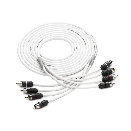 JL Audio 4-channel RCA interconnect cable with white jacket and black connectors for car audio systems