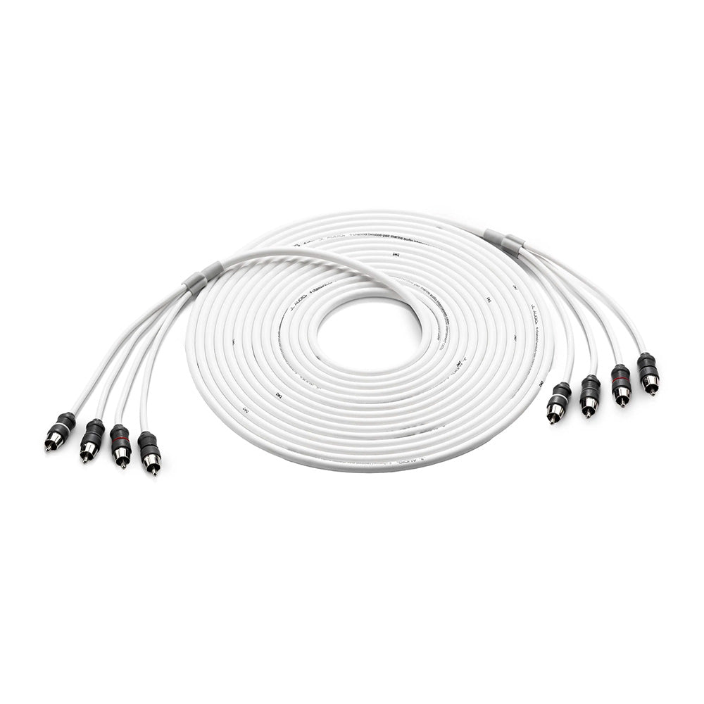 White 4-channel RCA audio cable with black connectors for car stereo installation