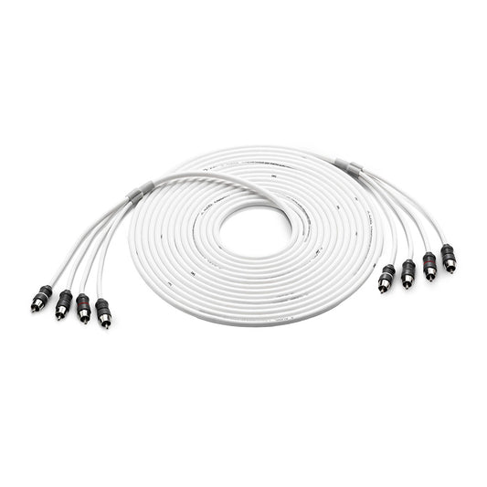 White 4-channel RCA audio cable with black connectors for car stereo installation