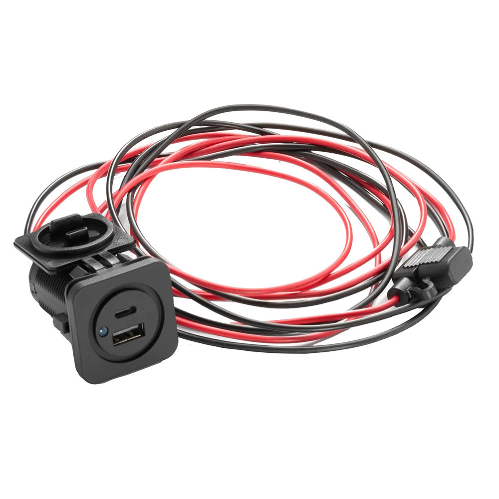 Black dual USB car charger with red and black wiring for auto audio installation