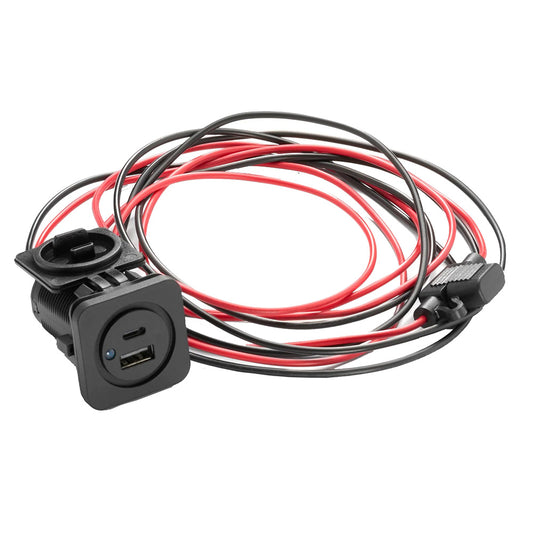 Black dual USB car charger with red and black wiring for auto audio installation