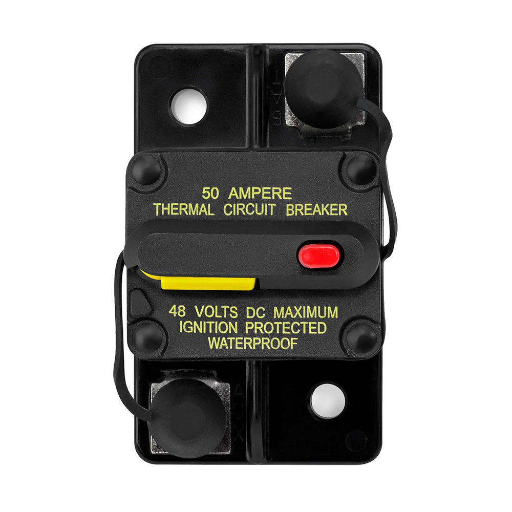 50 Amp Thermal Circuit Breaker, 48V DC, Ignition Protected & Waterproof for Auto Audio Installations