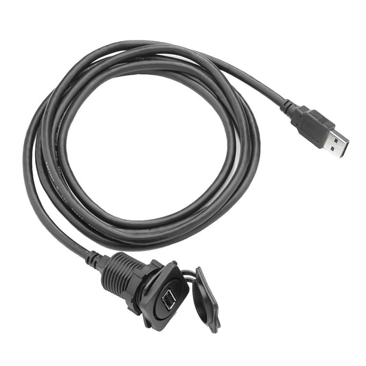 Black USB extension cable with waterproof panel mount connector and protective cap