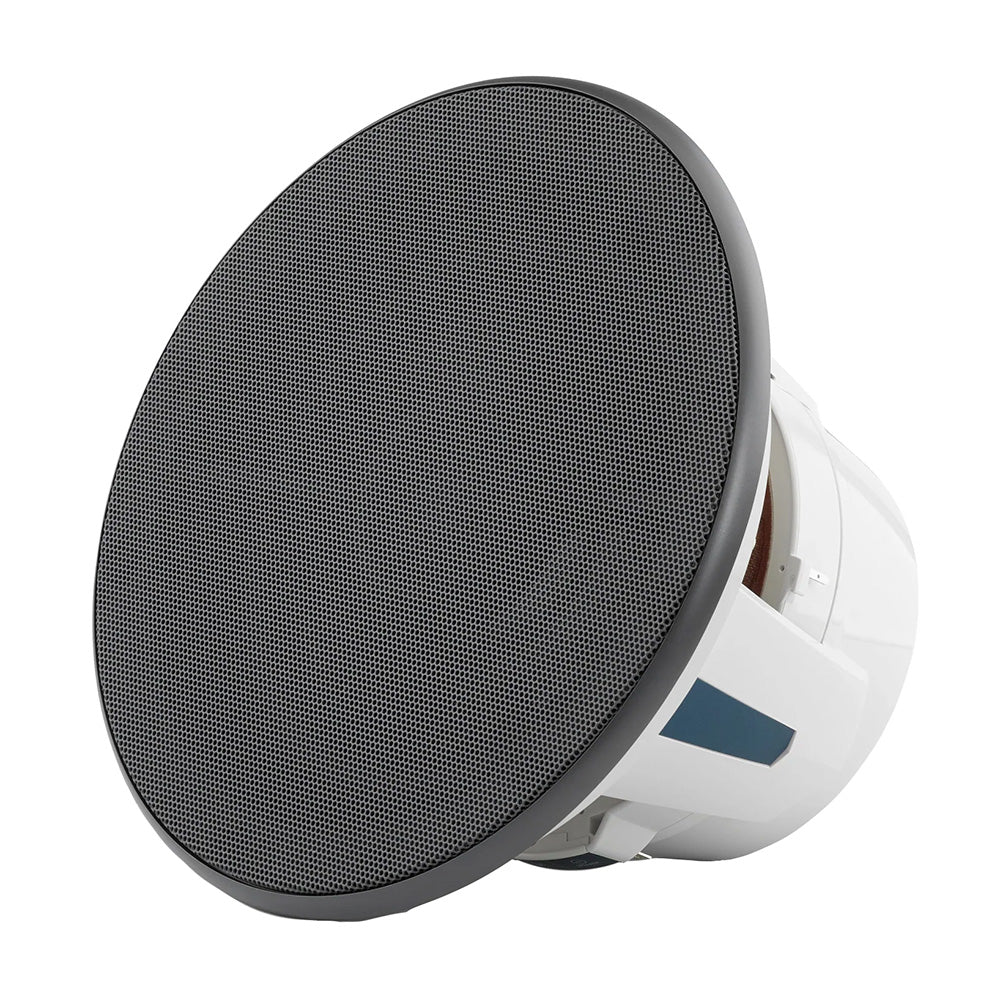 White in-ceiling speaker with black grille for home or commercial audio installation