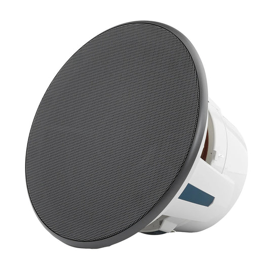 White in-ceiling speaker with black grille for home or commercial audio installation