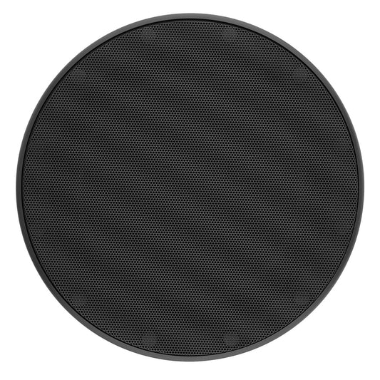 Black circular speaker grille with honeycomb mesh pattern for car audio installation