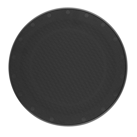 Black circular speaker grille with fine mesh, ideal for car audio or home theater systems.