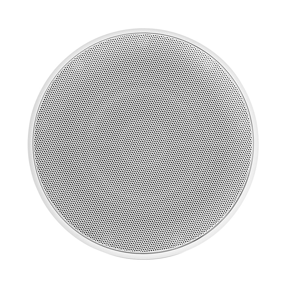 White circular ceiling speaker with perforated grille for home or car audio installation