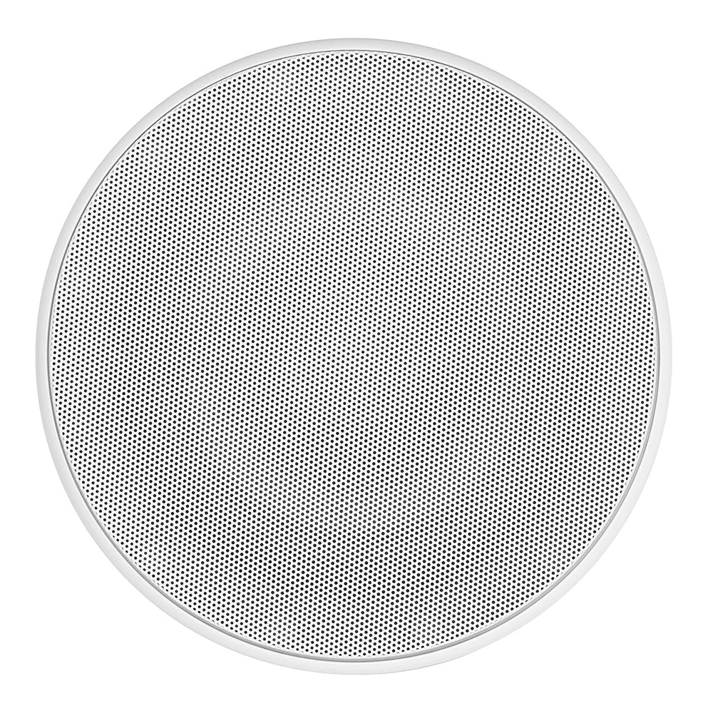 White circular ceiling speaker with perforated grille for home or commercial audio installation